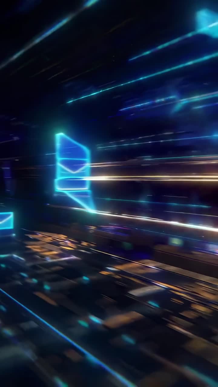 Video futuristico con un'inquadratura dal basso di buste digitali luminose in una griglia cibernetica.