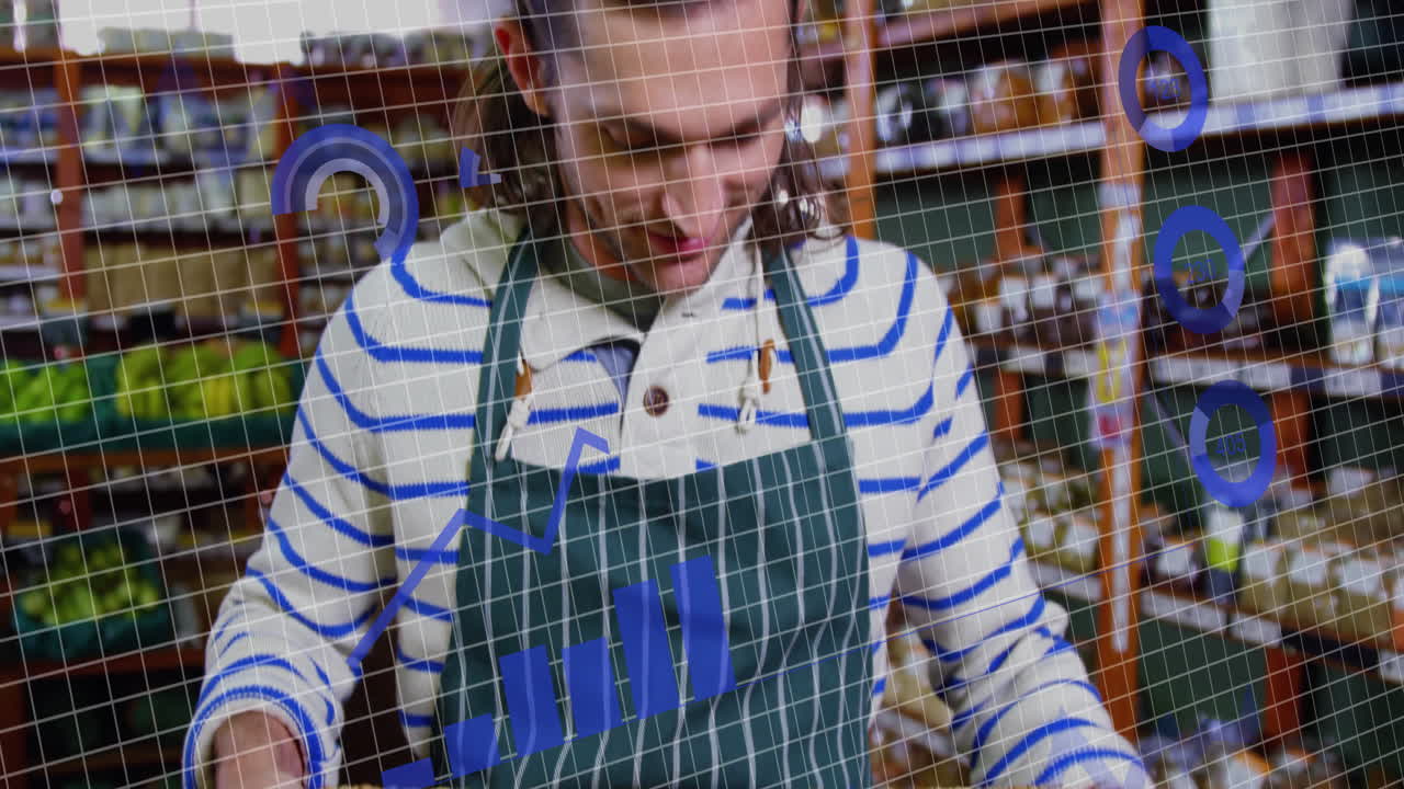 анимация обработки данных над кавказским мужчиной в продуктовом магазине