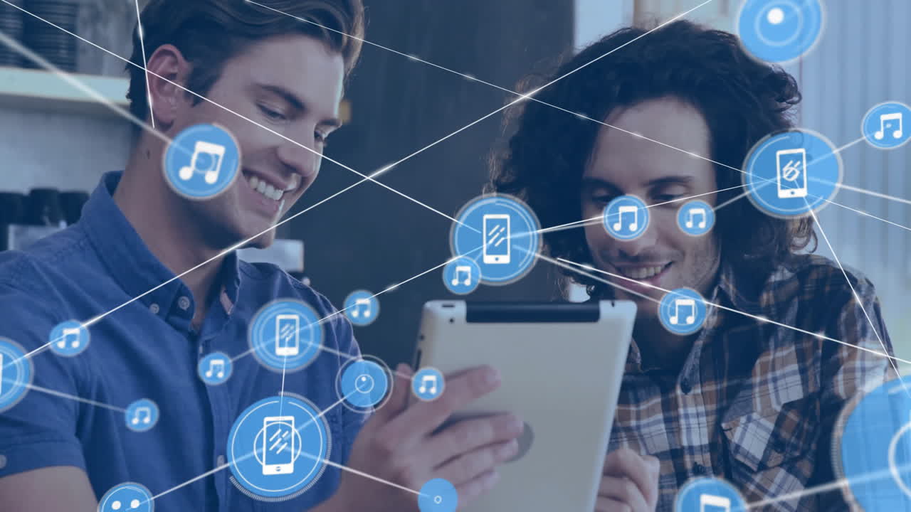 animación de la red de conexiones con íconos de la música sobre diversas personas en el café