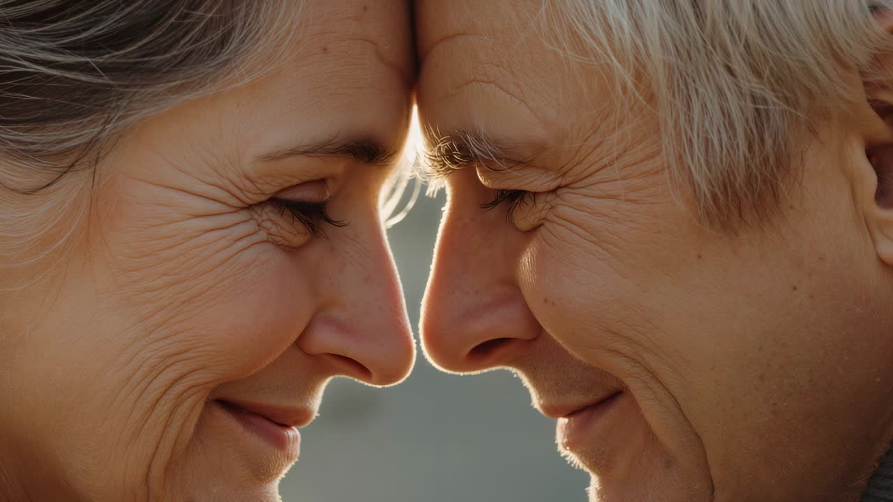 Smiling senior couple opening eyes and exchanging soft gaze outside, sun flaring between foreheads