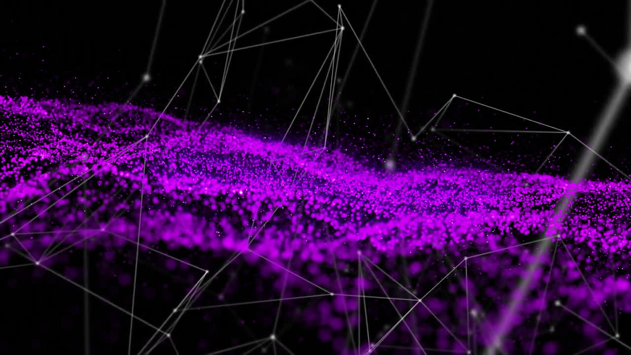 Animation of purple particles forming wave pattern with geometric lines on black background
