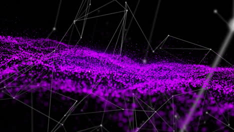 animation of purple particles forming wave pattern with geometric lines on black background