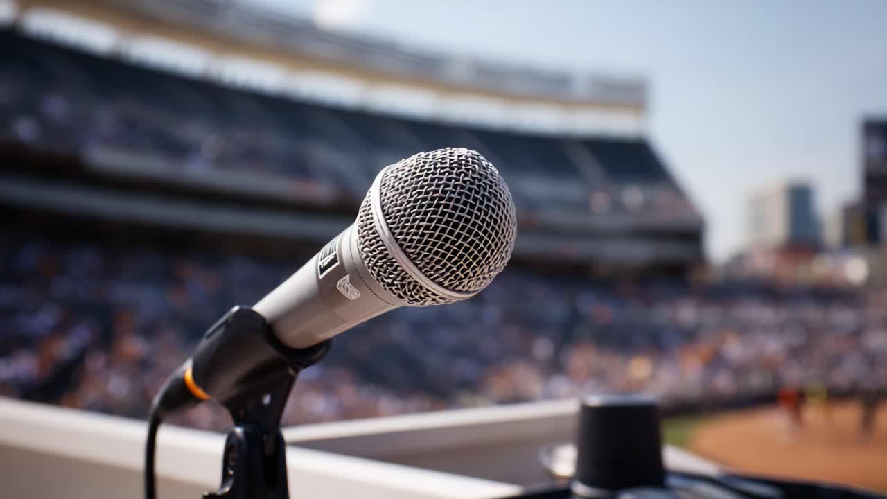 Primo piano di un microfono professionale su uno sfondo sfocato di uno stadio, che cattura l'emozione del commento sportivo dal vivo e dell'esibizione