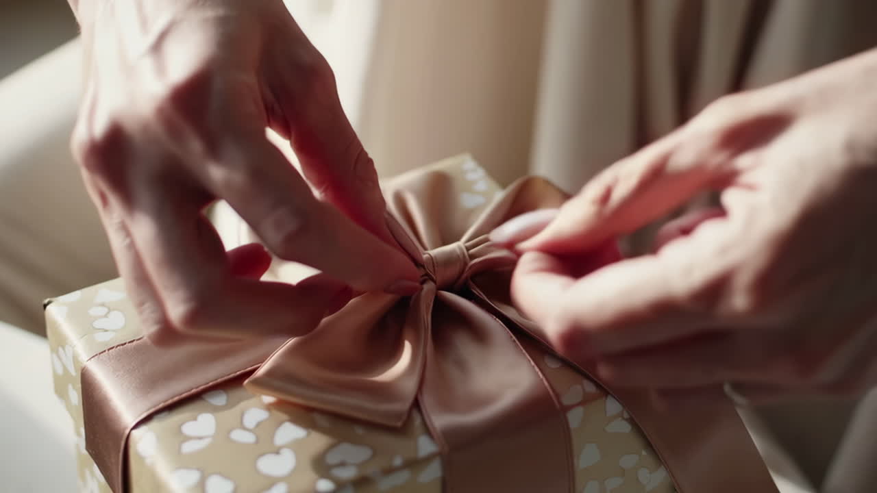 Close-up of hands tying a ribbon on a gift box