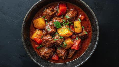 Delicious-Homemade-Beef-Stew-With-Vegetables-In-Rustic-Bowl