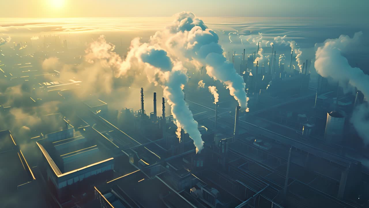 Industrial complex with smokestacks emitting plumes into the sky at sunrise or sunset