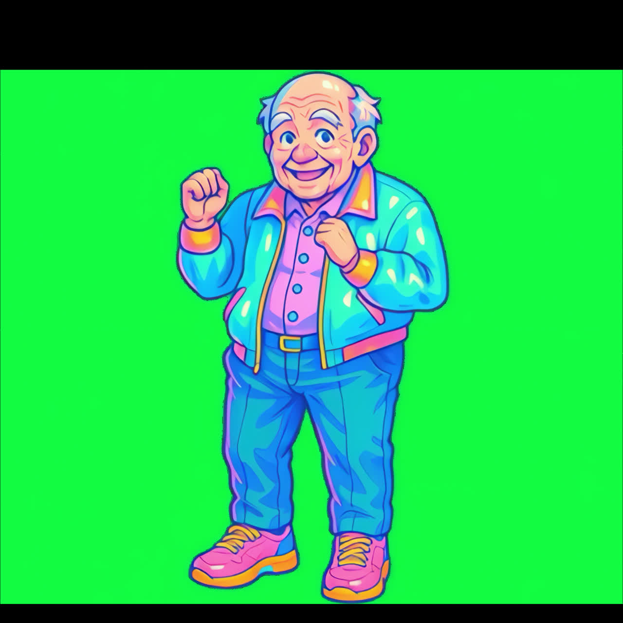 Cartoon image of a happy grandpa on a green screen
