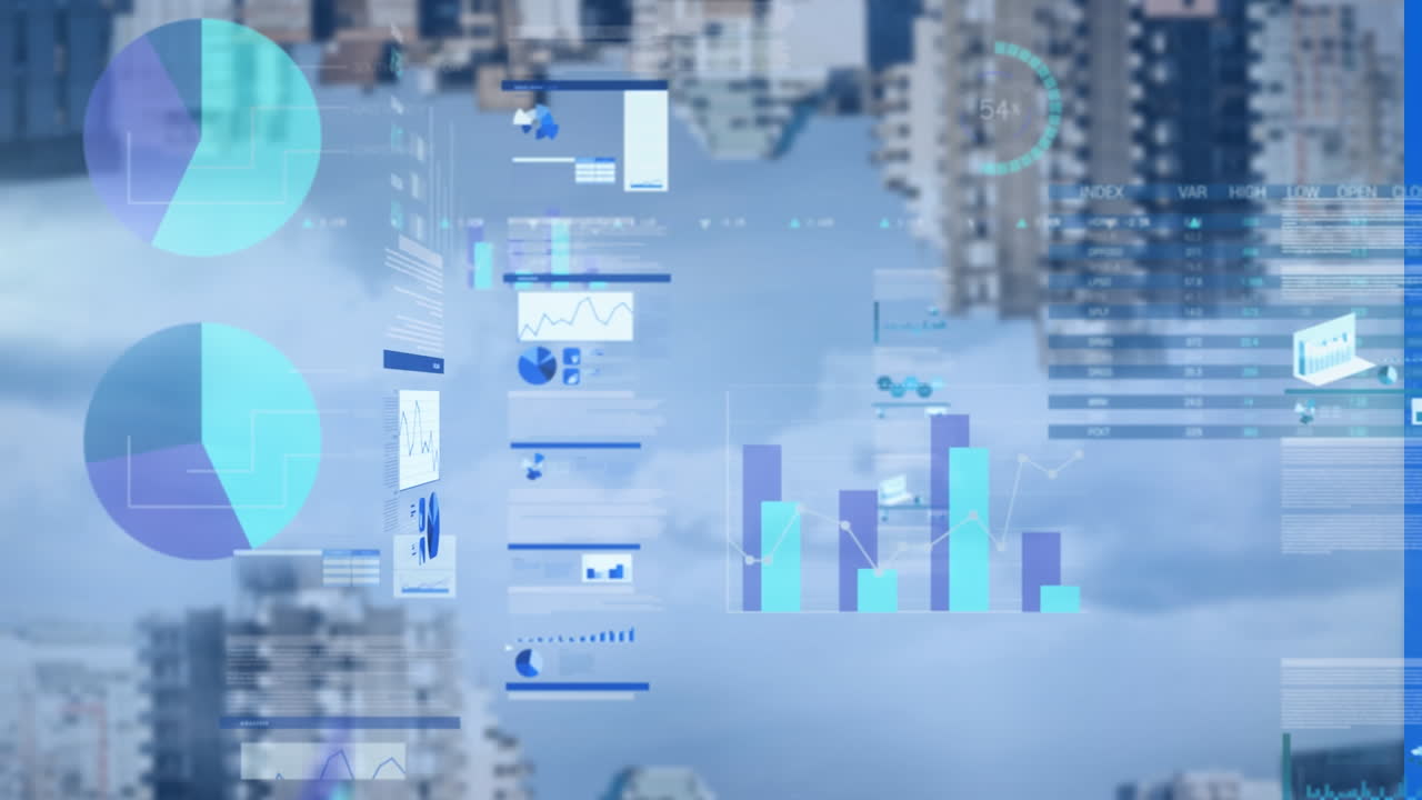 Animation of multiple graphs and trading board over upside down buildings against cloudy sky