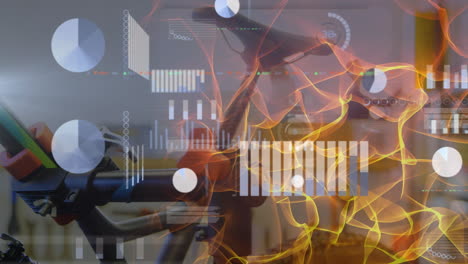 Animation of financial data processing and light trails over bicycle and diverse business people