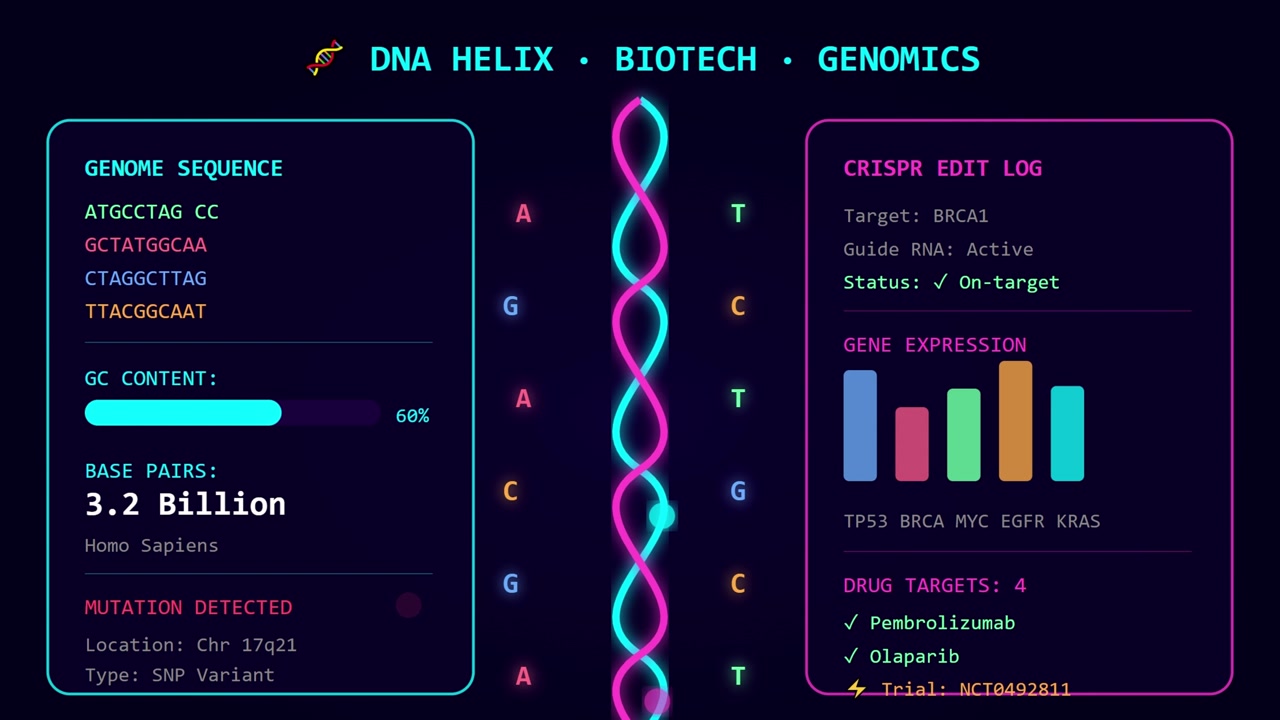 3D render of DNA helix interface with genome analytics and biotech dashboard on dark background creating genetics animation designed for science visuals and video overlays