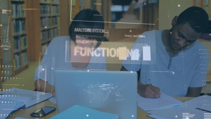 Animation of data processing over diverse people in library