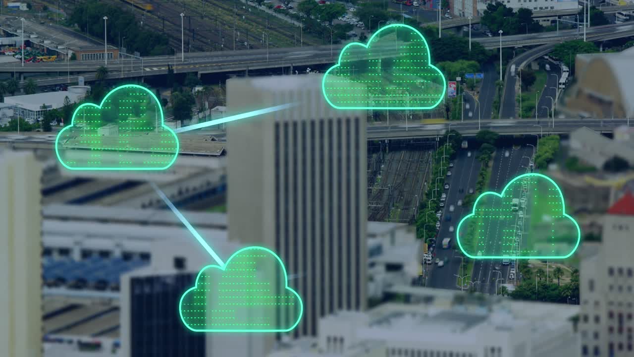 Animation of clouds and data processing over cityscape