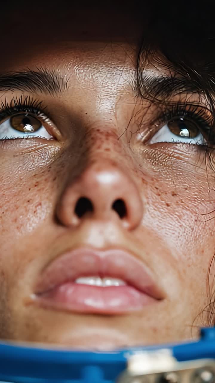 A Close-Up of a Woman's Face in a Helmet with Beautiful Eyes and Freckles, Capturing Emotion and Determination in a Confining Environment