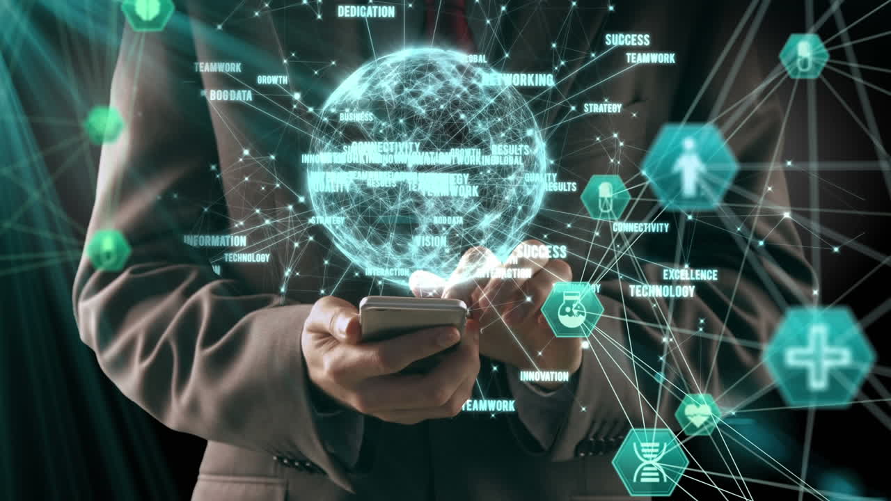 Globe of network of connections against mid section of man using smartphone