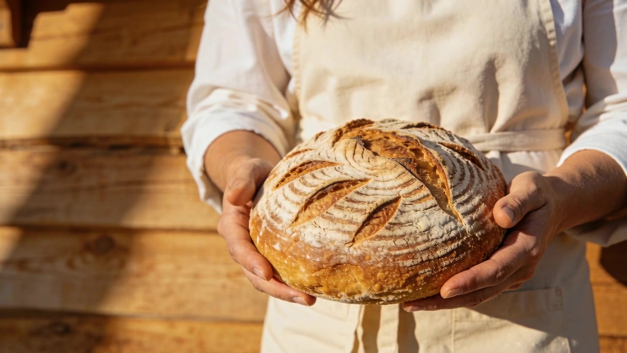 Woman in white shirt and apron holding artisan loaf at sunlit wall at start showing bread