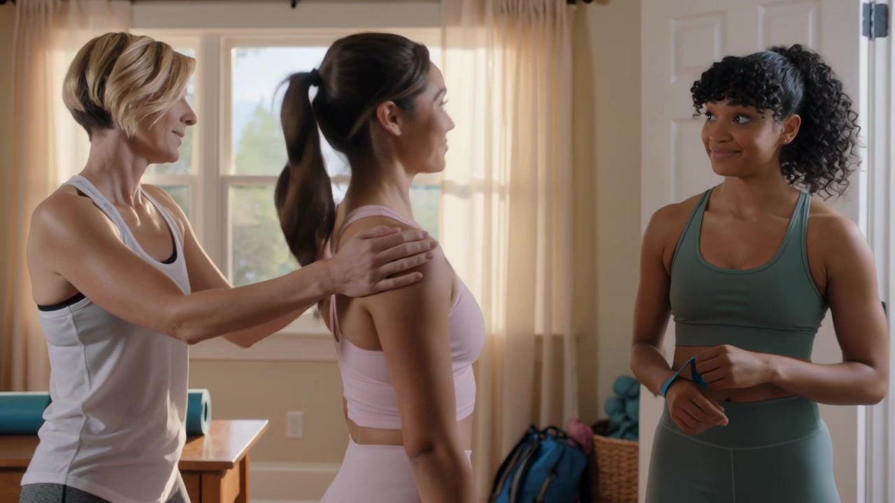 Adjusting coach in gym gear guiding posture at home session ending women fixing blue strap leaving