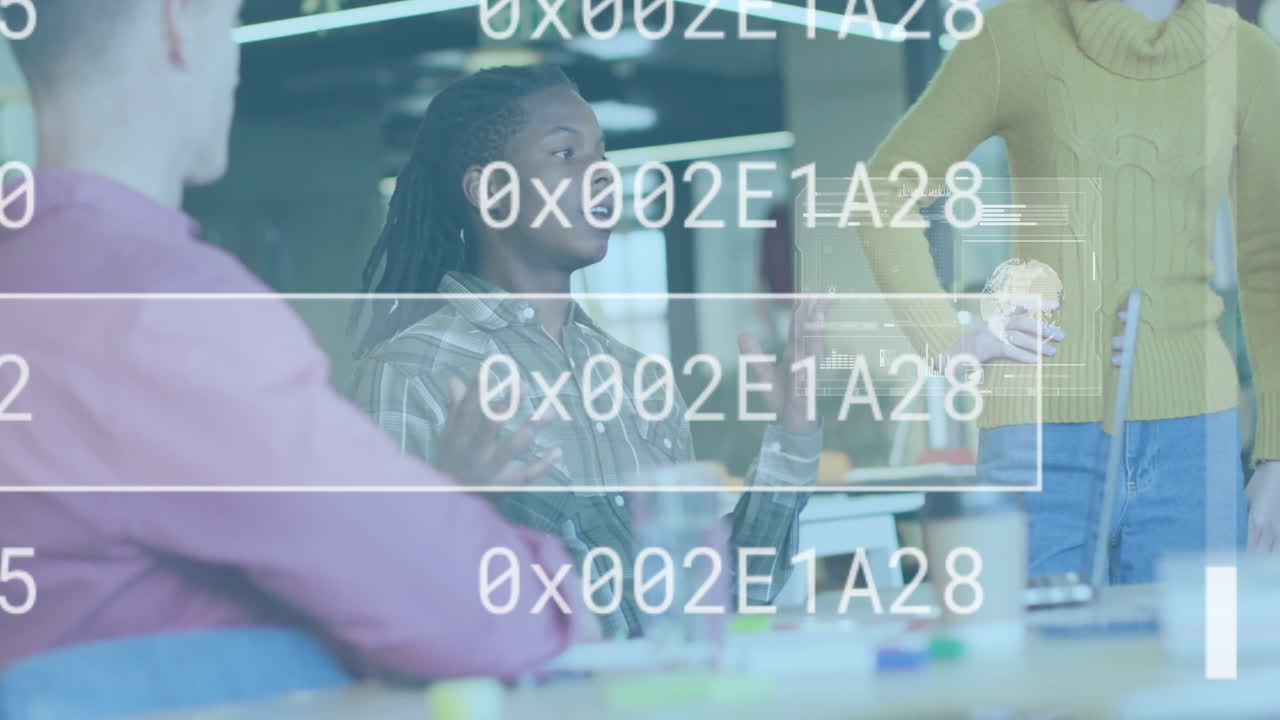 Business meeting with data processing animation overlaying diverse team discussion