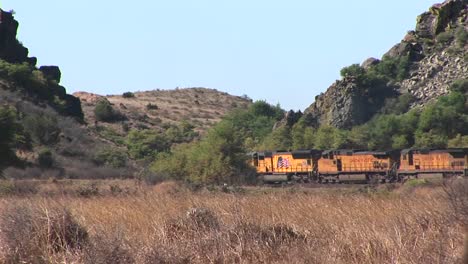 tiro largo de un tren que pasa a través de un cañón del desierto