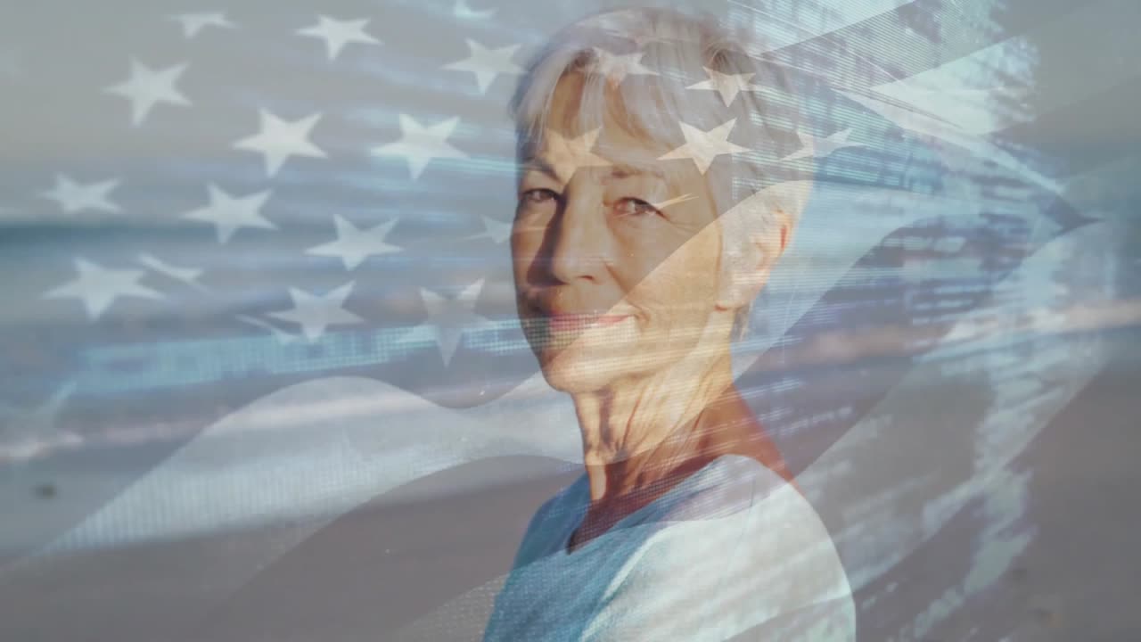 Senior woman turning head toward camera initiating flag overlay promoting health campaign awareness