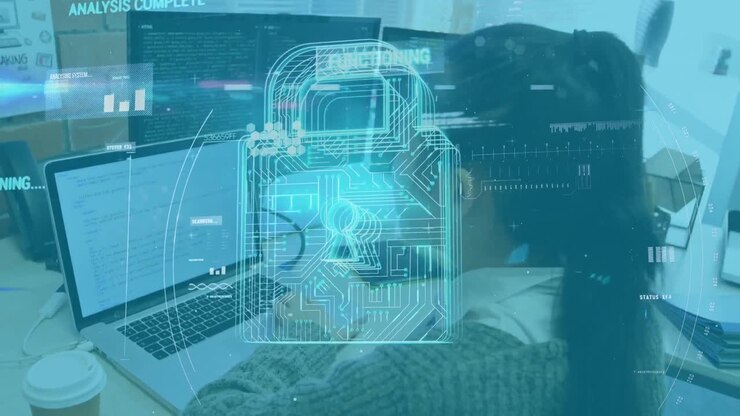 Animation of online security padlock and data processing over businesswoman using laptop