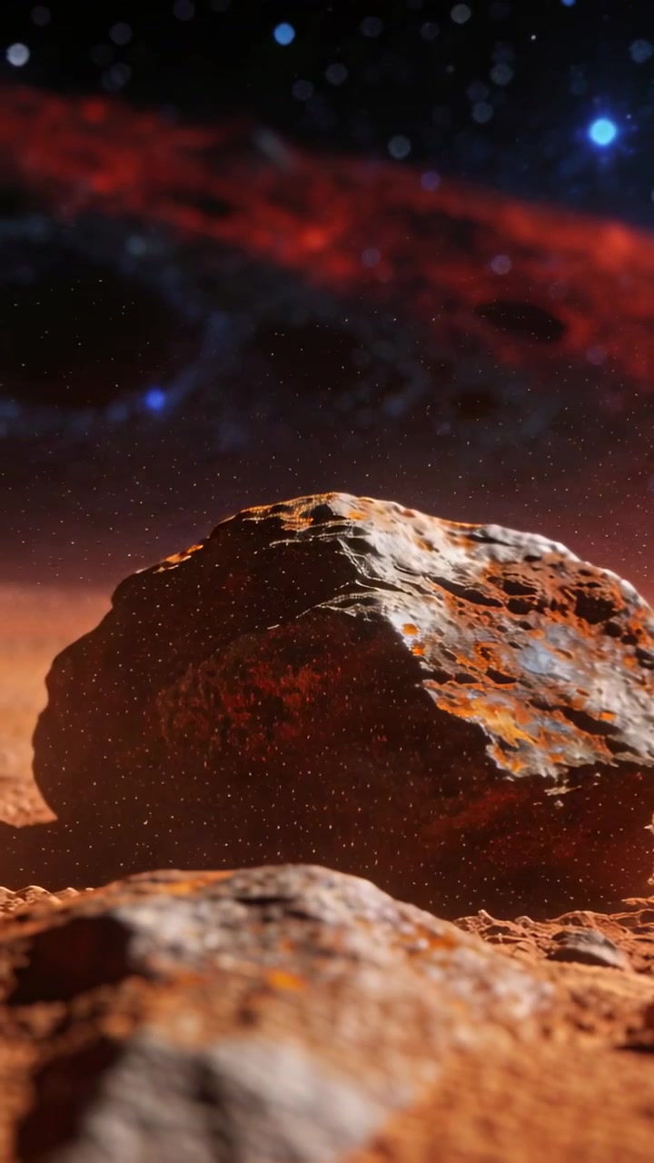 Video verticale: Una nuvola di polvere che si alza dopo una scossa alla base da un masso centrale arrugginito su una pianura arancione.