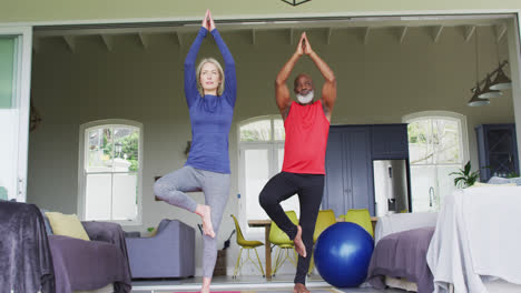 Pareja-Mayor-De-Raza-Mixta-Practicando-Yoga-Juntos-En-Casa