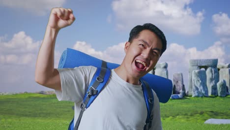 excited traveler at stonehenge