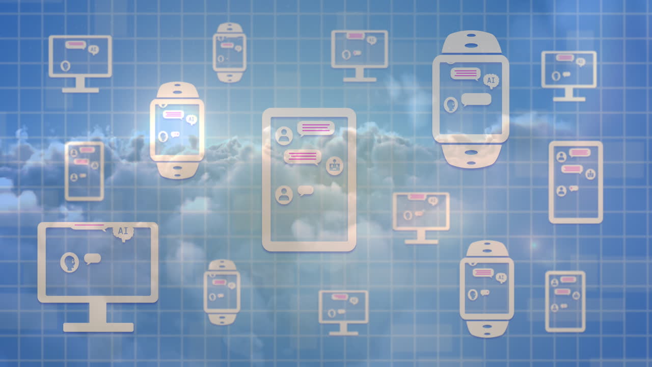 클라우드 상의 전자 장치에서 온라인 ai 채팅 처리를 보여주는 데스크 ⁇ 의 애니메이션