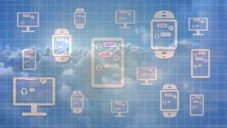Animation of desktop showing online ai chat processing on electronic devices over clouds