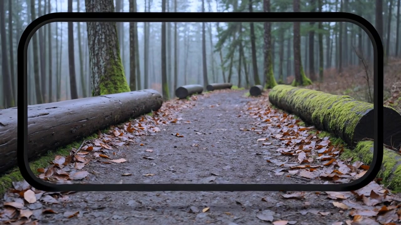 Sovrapposizione nera che si espande dall'alto per incorniciare un sentiero sterrato in una foresta nebbiosa con tronchi
