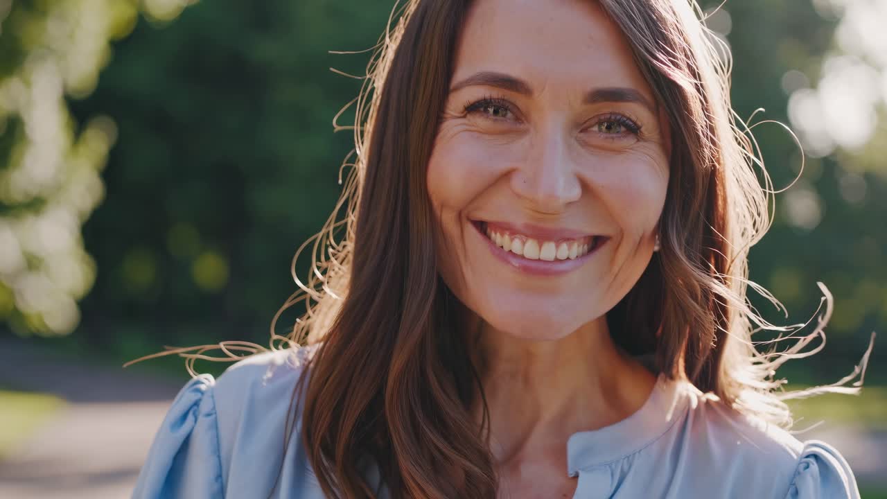 A close-up video still of a smiling woman outdoors, captured at eye level