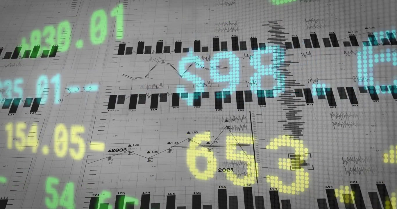 On start LED numerals and currency symbols sliding pulsing revealing charts showing market trends
