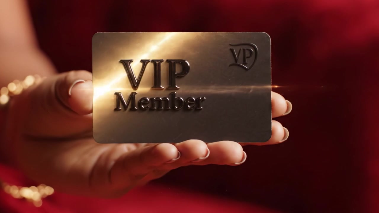 Una vista de cerca de una tarjeta de membresía VIP que muestra estatus de élite y beneficios de lujo, sostenida elegantemente por una mano contra un fondo rojo intenso.