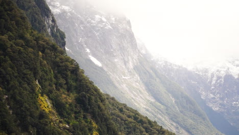 A-small-Cessna-plane-flying-between-green-mountains-in-Queenstown-Milford