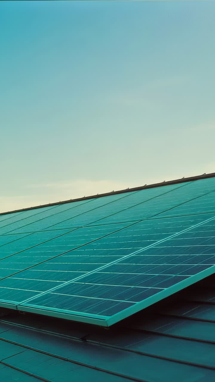 Vertical video: Tilting camera revealing PV panels on sloped roof for racking inspection