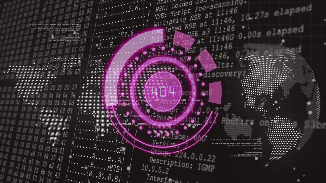 animación de círculo púrpura con números sobre datos y mapa del mundo