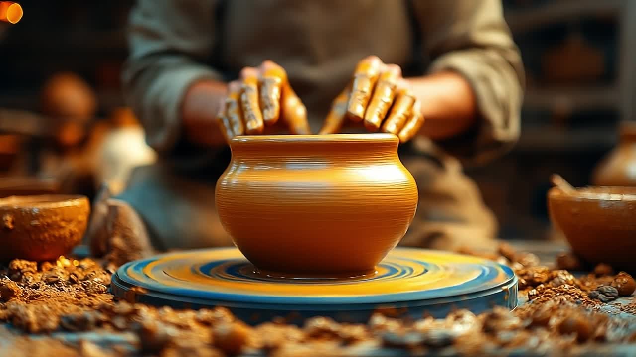 Crafting pottery in a traditional studio. A skilled artisan shapes clay on a pottery wheel in a workshop filled with tools and materials during daylight.