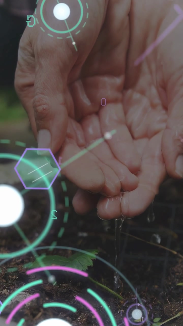 Video verticale: Donna che unisce le mani sopra il terreno per raccogliere gocce d'acqua per il giardinaggio con allineamento AR
