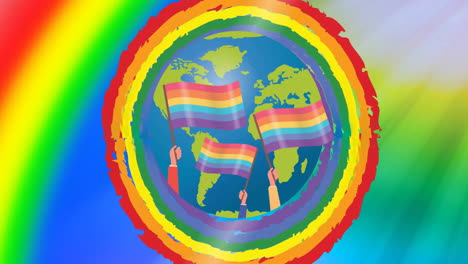 animation of globe with rainbow flags over rainbow background