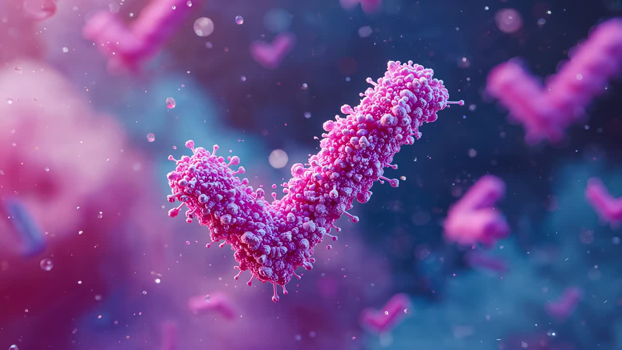 Camera pushing in, V-shaped cluster rotating and drifting in microscopic fluid, revealing texture