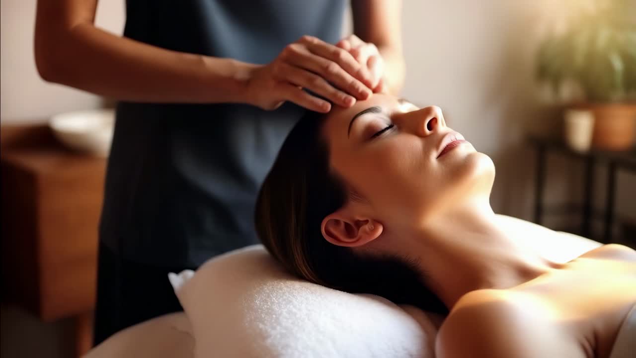 A serene video still of a woman receiving a head massage. Captured from a side angle, the warm