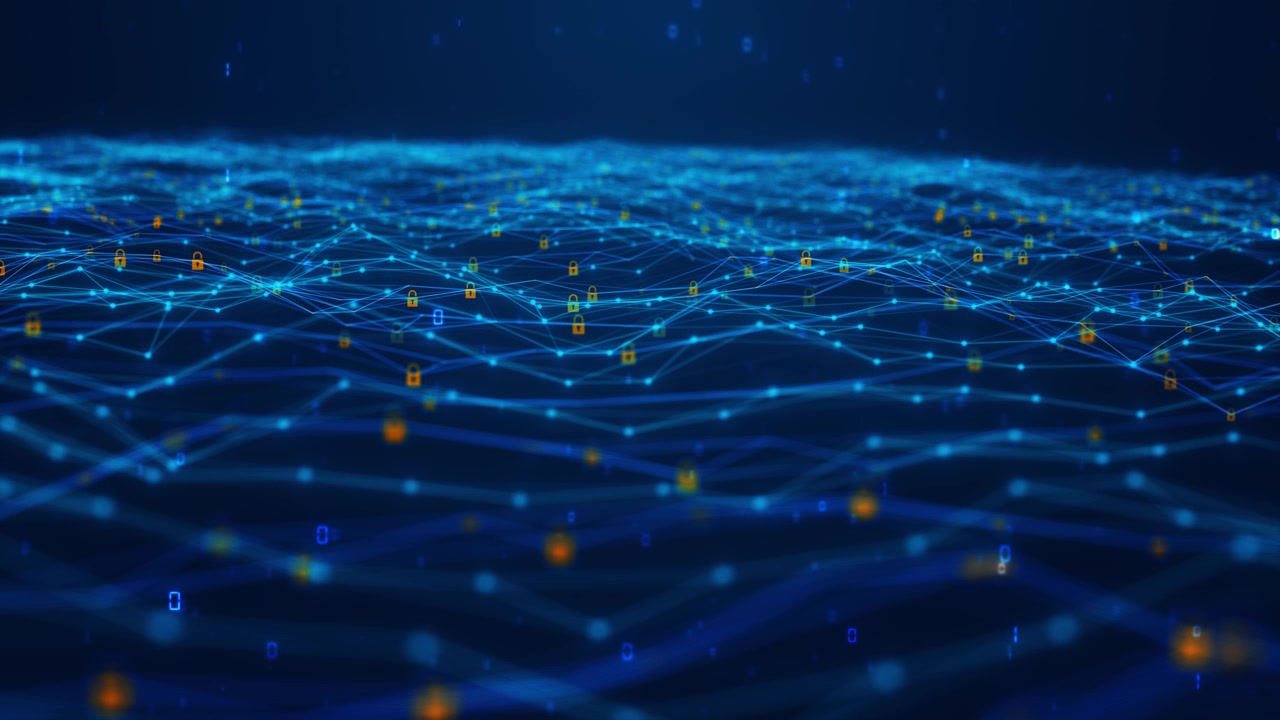 Blue encrypted network lock visual glowing connected mesh floating security icons and deep data