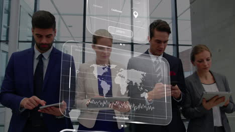 animation of data on screens over caucasian business people with tablets