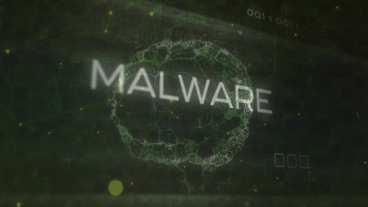 texto de malware y conexiones de microprocesador contra el cerebro humano giratorio en fondo verde