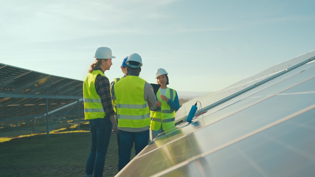Engineers Inspecting Solar Panels at a Solar Farm
