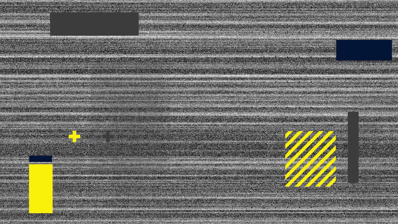 Animazione di forme gialle e grigie su uno schermo con glitch.