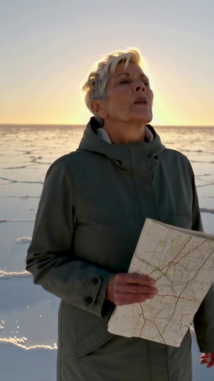Video verticale: Anziano in parka, abbagliato dal sole, che alza lo sguardo e cerca la strada su una salina con una mappa piegata.