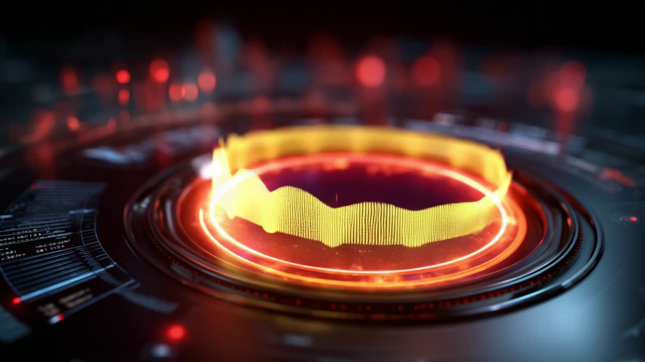 Dynamic Visualization of Audio Waves: An Engaging Display of Circular Graph Representations Exhibiting Changes in Frequency and Amplitude, Captivating Modern Digital Art Aesthetic with Vibrant Colors and Effects