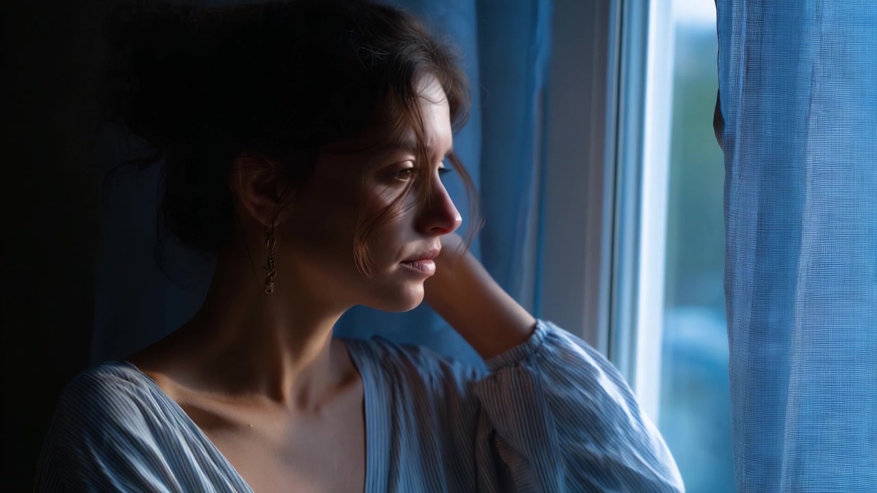 Um momento contemplativo capturado em luz natural suave, mostrando uma mulher olhando pensativamente pela janela, perdida em suas reflexões e emoções.