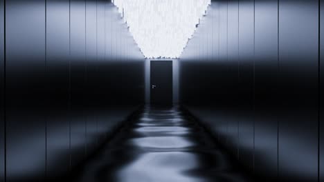 a dark hallway with a door at the end and a white light fixture above